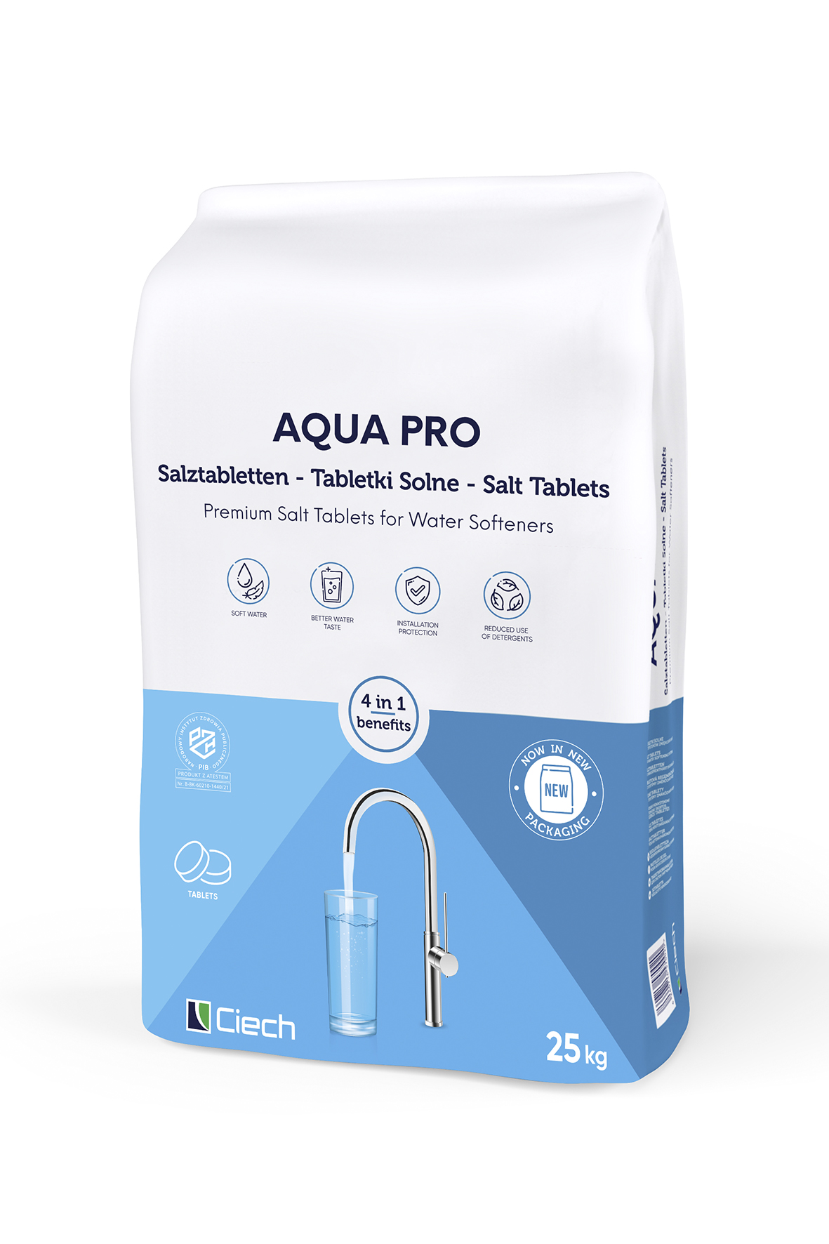 Unter der neuen Marke AQUA PRO expandiert die CIECH-Gruppe mit ihren etablierten und hochqualitativen Salztabletten für Wasserenthärtungsanlagen zum direkten Verkauf. Bildquelle: CIECH Group. Salztabletten